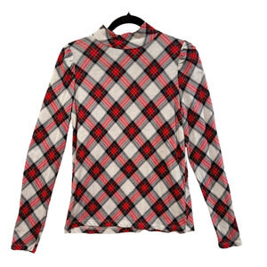LOFT Women's Red Black Diamond Plaid Stretch Mock Neck Top Lightweight Small